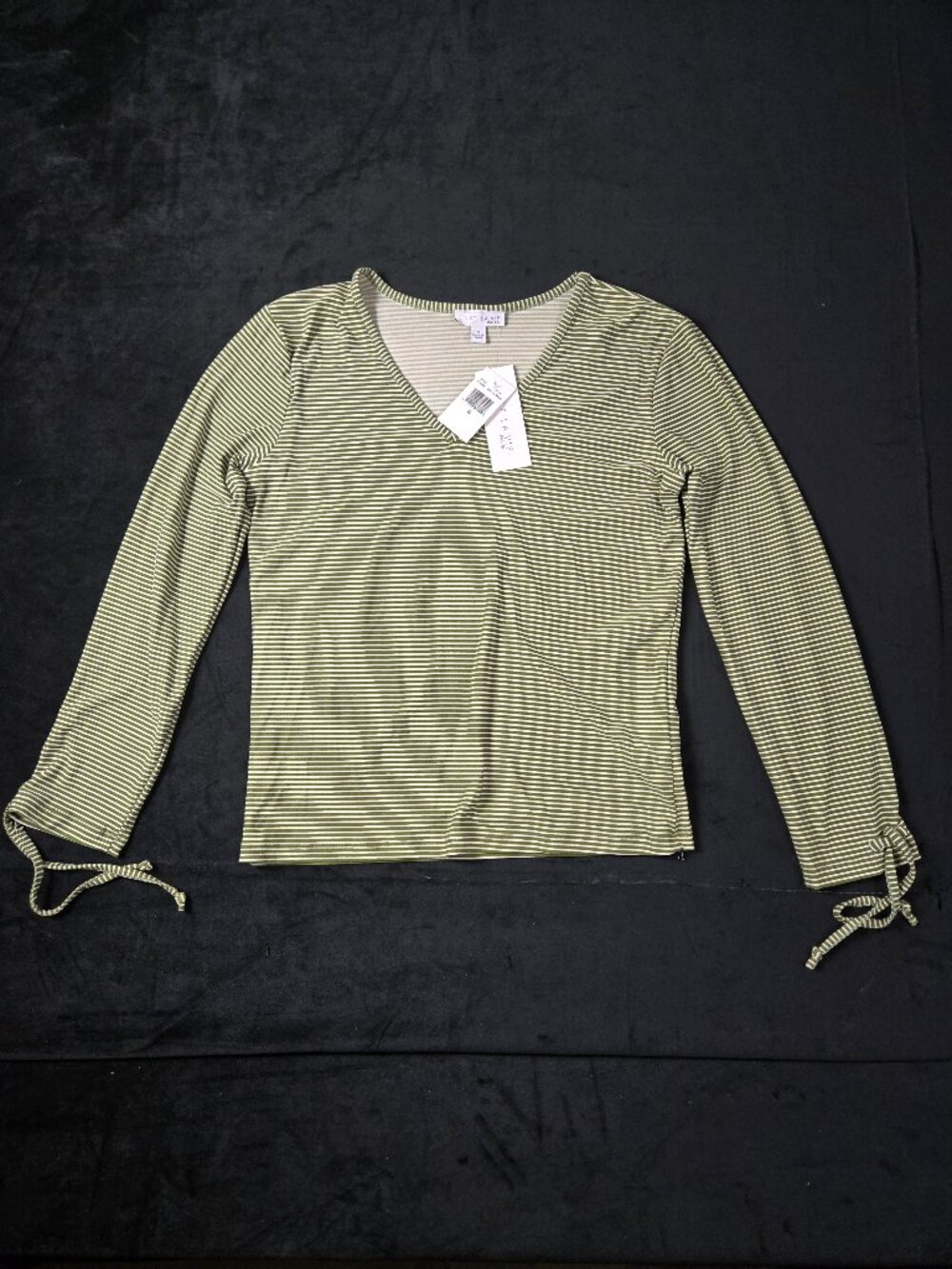 C'est La Vie Women's S Olive White Striped V-Neck Tie Cuff Top